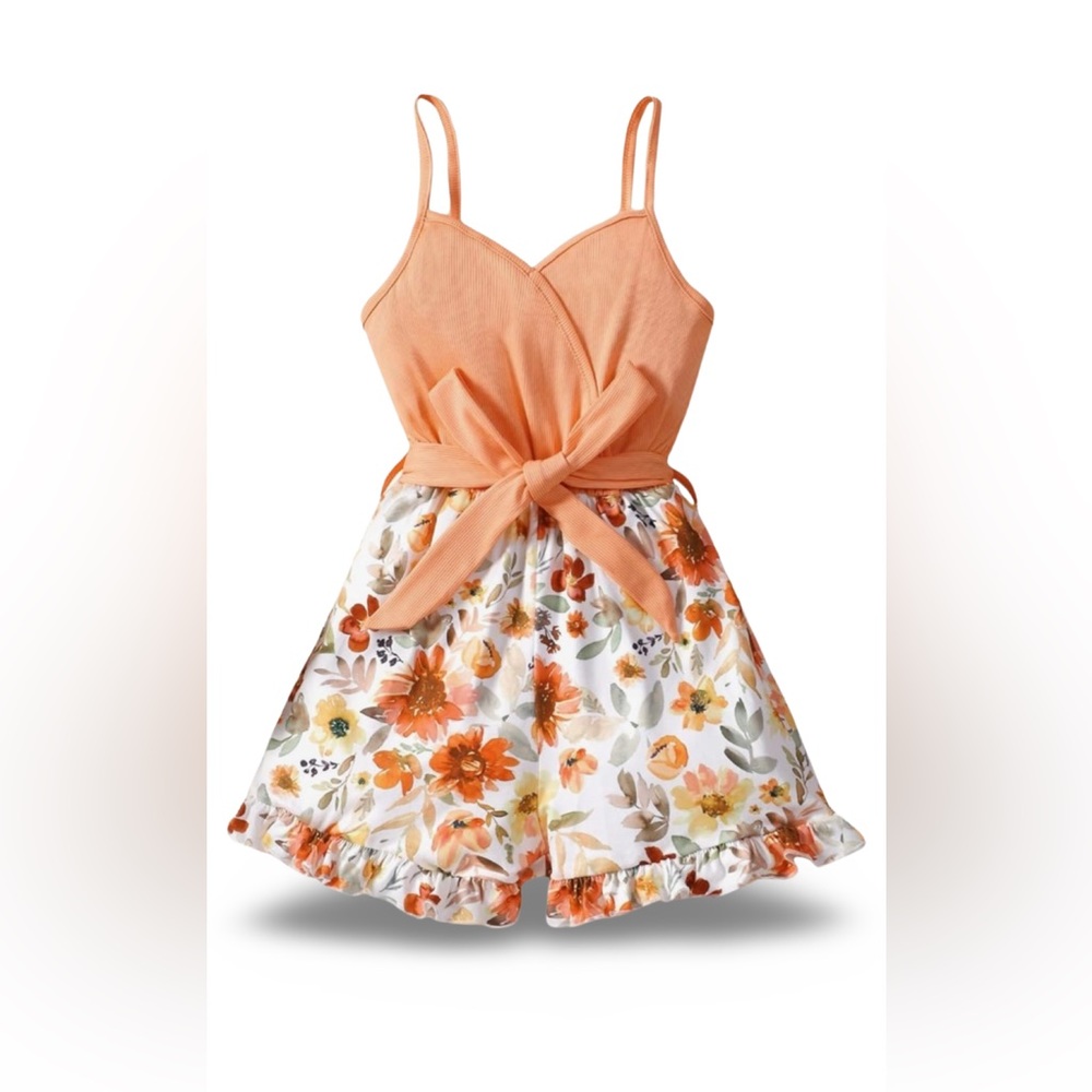 Soly Hux Girl's Tween Orange Floral Print High Waist Belted Shorts Romper, NWT